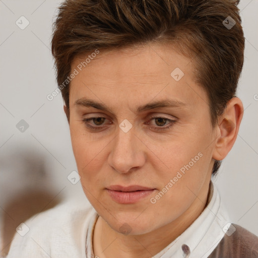 Joyful white adult female with short  brown hair and brown eyes