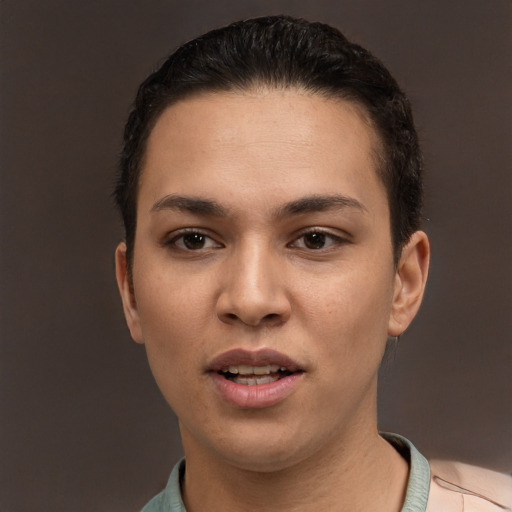Joyful white young-adult female with short  black hair and brown eyes