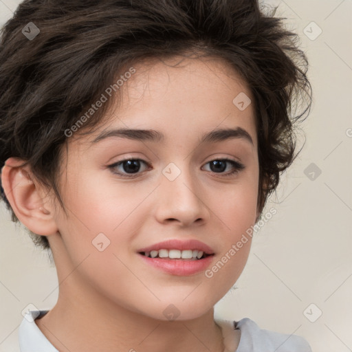 Joyful white child female with medium  brown hair and brown eyes