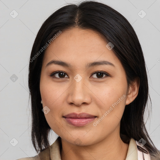 Joyful asian young-adult female with medium  brown hair and brown eyes