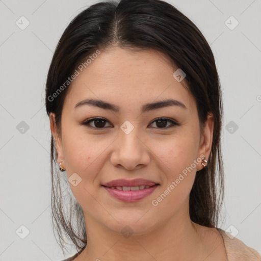 Joyful asian young-adult female with medium  brown hair and brown eyes