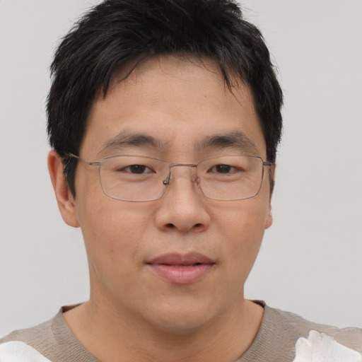 Neutral asian adult male with short  brown hair and brown eyes