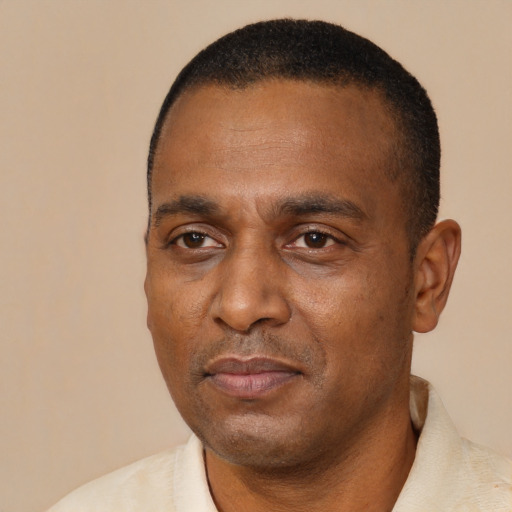Neutral black adult male with short  black hair and brown eyes