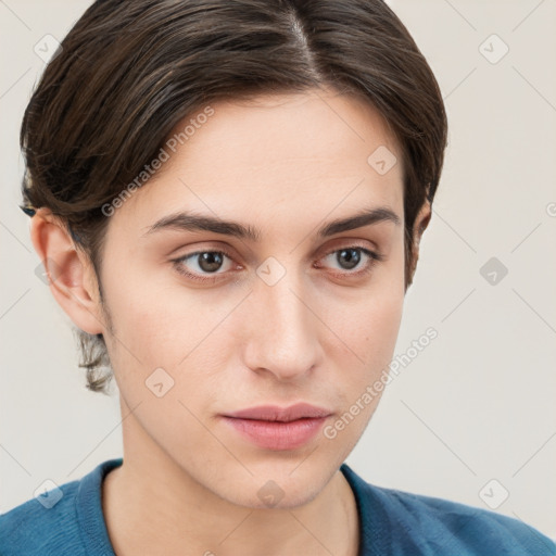 Neutral white young-adult female with medium  brown hair and grey eyes