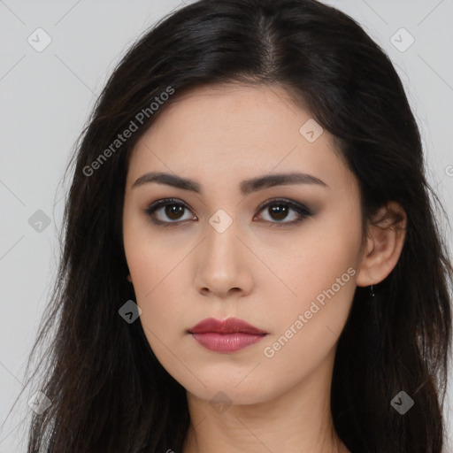 Neutral asian young-adult female with long  brown hair and brown eyes