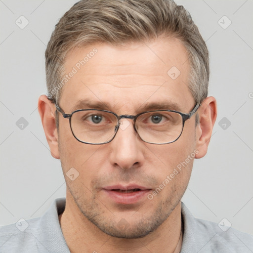 Neutral white adult male with short  brown hair and brown eyes