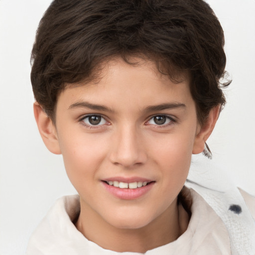 Joyful white child female with short  brown hair and brown eyes