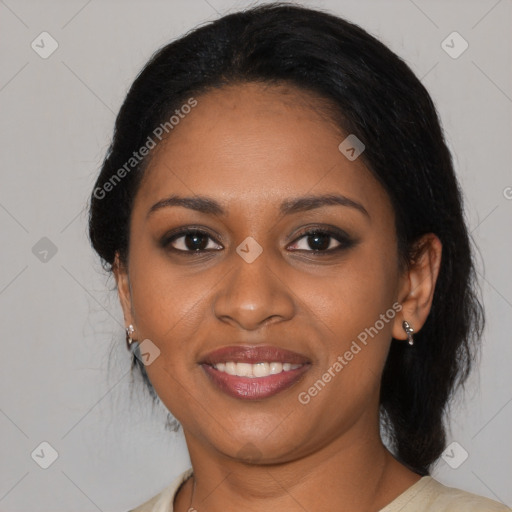 Joyful black young-adult female with medium  black hair and brown eyes