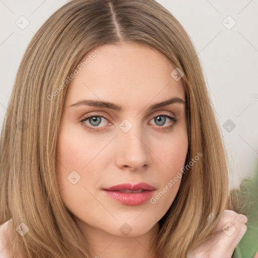 Neutral white young-adult female with long  brown hair and brown eyes