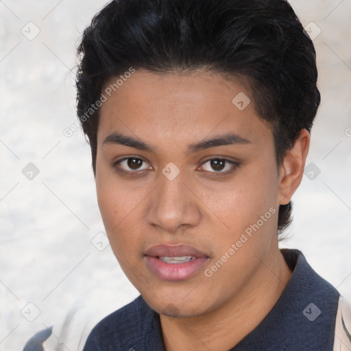 Neutral latino young-adult male with short  black hair and brown eyes