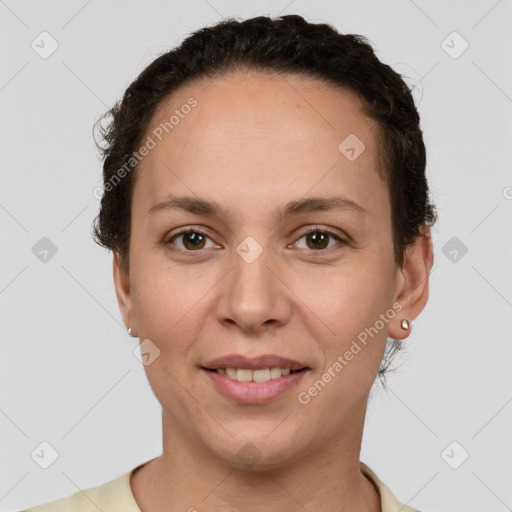 Joyful white young-adult female with short  brown hair and brown eyes