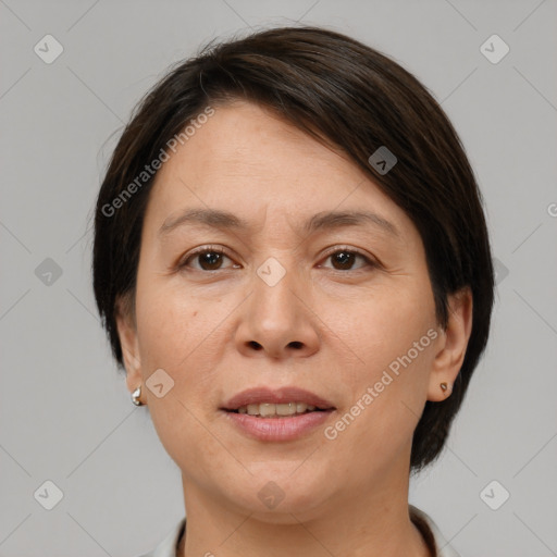 Joyful white adult female with medium  brown hair and brown eyes