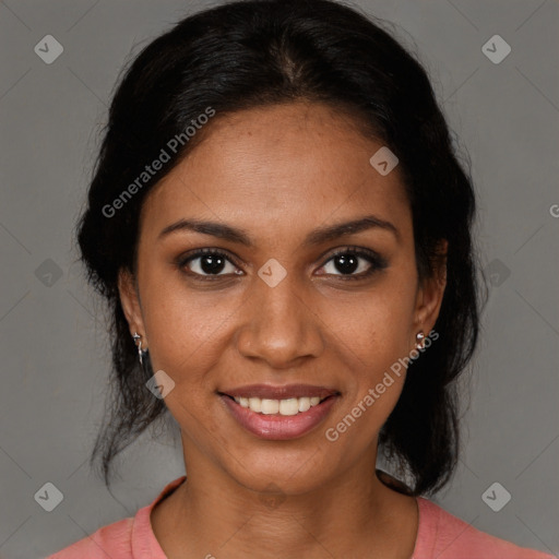 Joyful black young-adult female with medium  brown hair and brown eyes