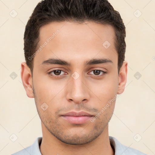 Neutral white young-adult male with short  brown hair and brown eyes