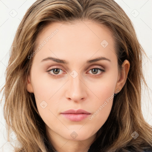 Neutral white young-adult female with long  brown hair and brown eyes