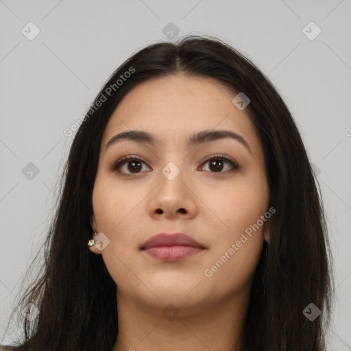 Neutral asian young-adult female with long  brown hair and brown eyes