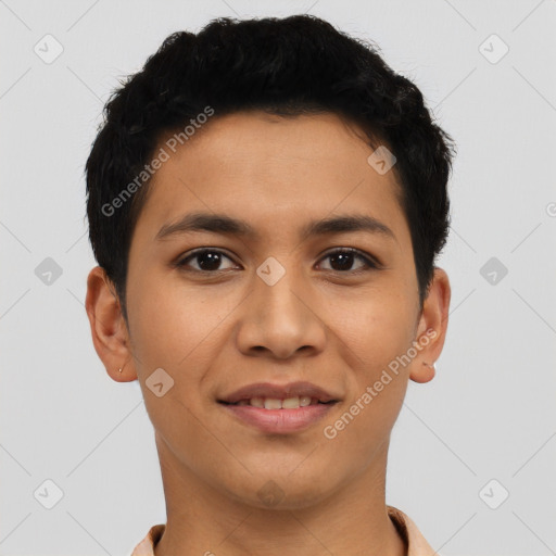 Joyful latino young-adult male with short  black hair and brown eyes