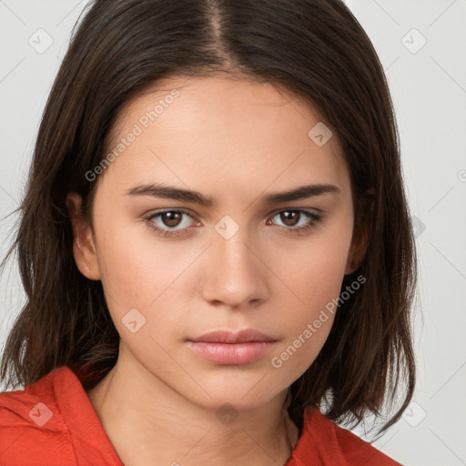 Neutral white young-adult female with medium  brown hair and brown eyes