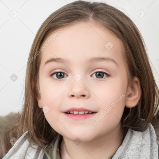 Joyful white child female with medium  brown hair and blue eyes