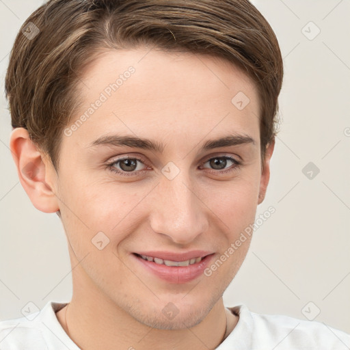 Joyful white young-adult female with short  brown hair and grey eyes