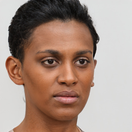 Neutral latino young-adult female with short  brown hair and brown eyes