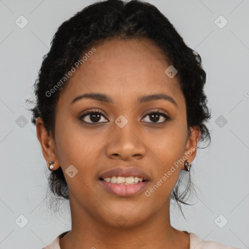 Joyful latino young-adult female with short  black hair and brown eyes