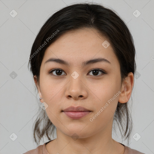 Neutral asian young-adult female with medium  brown hair and brown eyes