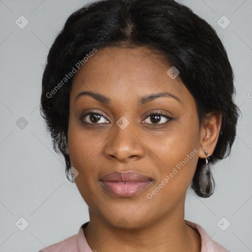 Joyful black young-adult female with medium  brown hair and brown eyes