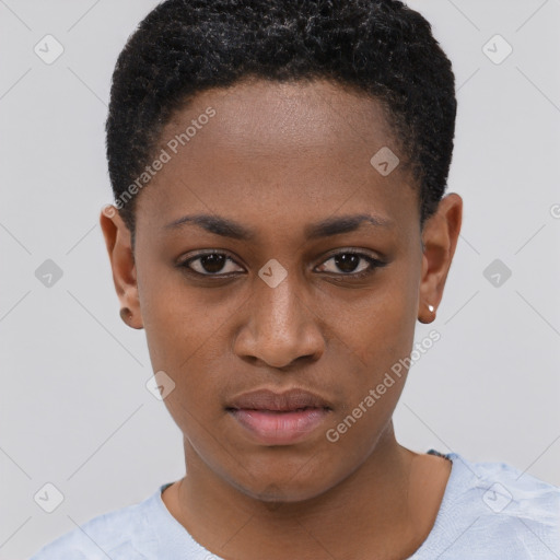 Neutral black young-adult female with short  brown hair and brown eyes