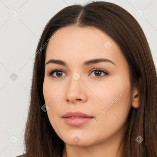 Neutral white young-adult female with long  brown hair and brown eyes