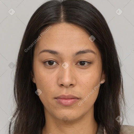 Neutral asian young-adult female with long  brown hair and brown eyes