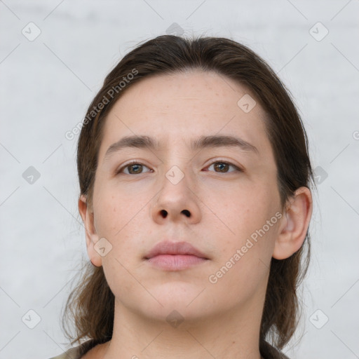 Neutral white young-adult female with medium  brown hair and grey eyes