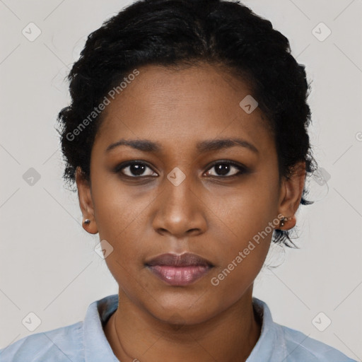 Neutral black young-adult female with short  black hair and brown eyes