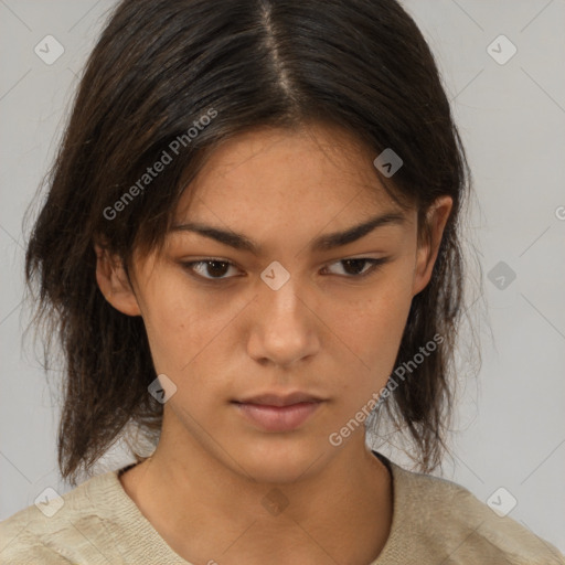 Neutral white young-adult female with medium  brown hair and brown eyes