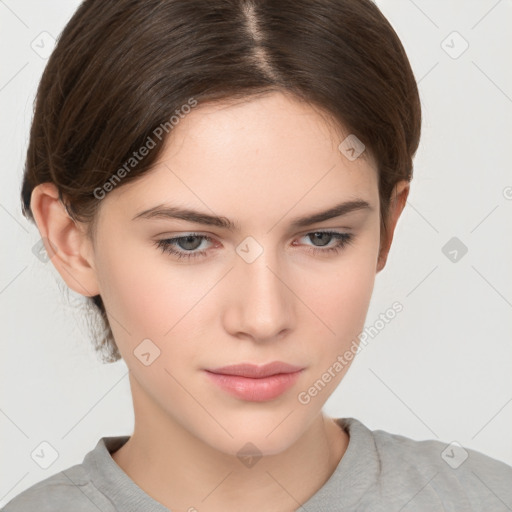 Neutral white young-adult female with short  brown hair and brown eyes