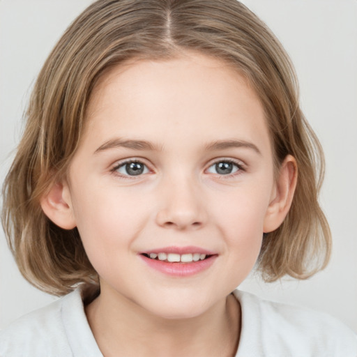 Joyful white child female with medium  brown hair and grey eyes