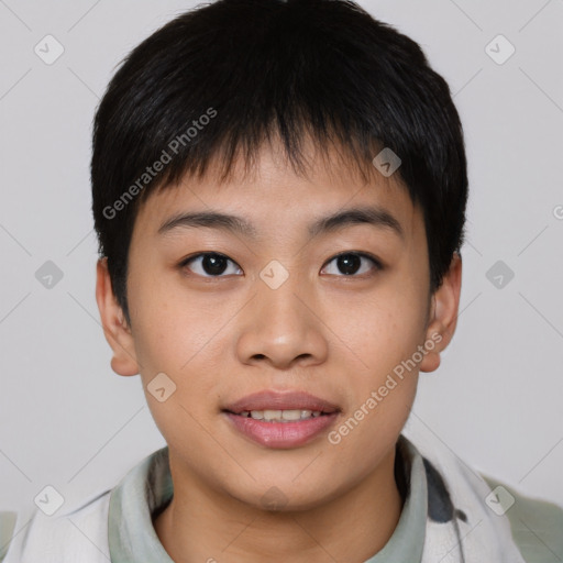 Joyful asian young-adult male with short  brown hair and brown eyes