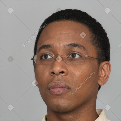 Neutral black young-adult female with short  black hair and brown eyes