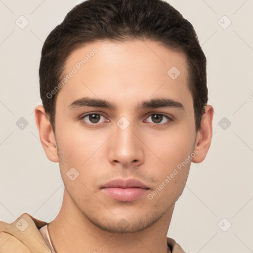 Neutral white young-adult male with short  brown hair and brown eyes