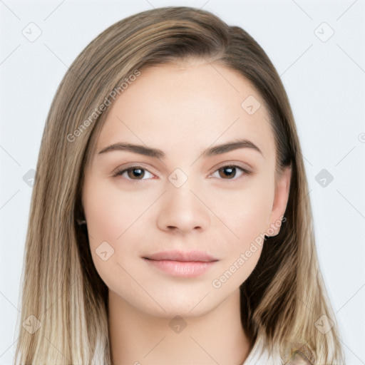 Neutral white young-adult female with long  brown hair and brown eyes