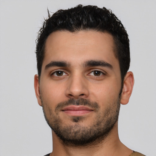 Neutral latino young-adult male with short  brown hair and brown eyes