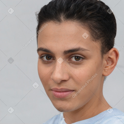 Joyful white young-adult female with short  brown hair and brown eyes