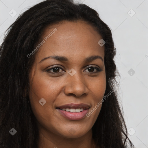 Joyful latino young-adult female with long  brown hair and brown eyes