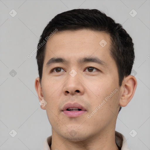 Neutral asian young-adult male with short  brown hair and brown eyes