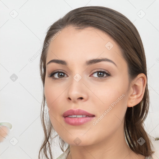 Neutral white young-adult female with medium  brown hair and brown eyes