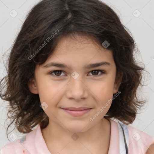 Joyful white child female with medium  brown hair and brown eyes