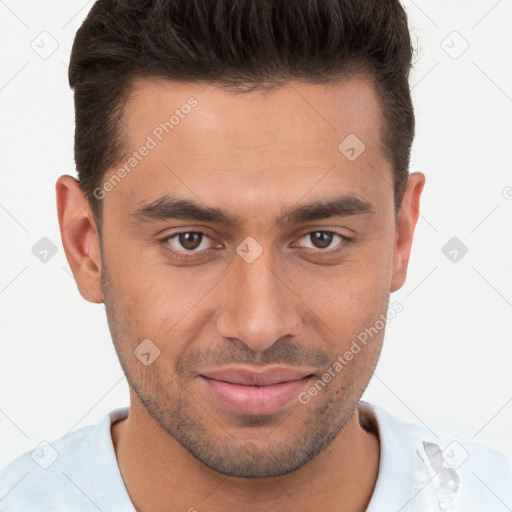 Joyful white young-adult male with short  brown hair and brown eyes