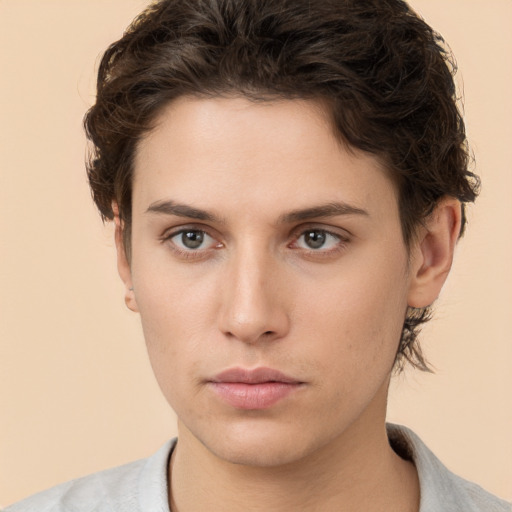 Neutral white young-adult female with short  brown hair and brown eyes