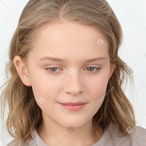 Joyful white child female with medium  brown hair and grey eyes