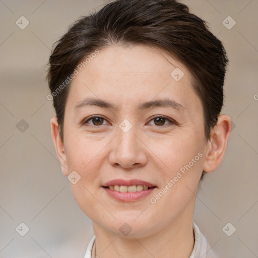 Joyful white young-adult female with short  brown hair and brown eyes